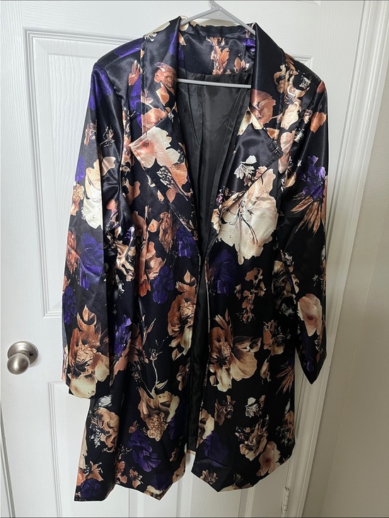 The Unbranded Brand Jackets & Blazers - Floral Satin Black Long Coat - Women's Jacket
